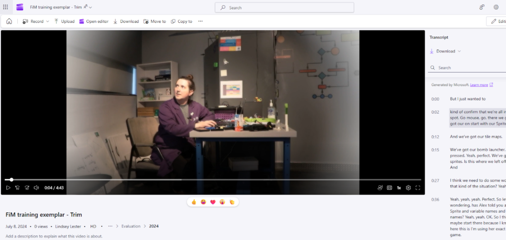 Screenshot of a video clip with a transcript.  Video image shows a woman sitting at a table with a flowchart projected on the wall behind her.